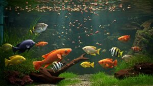 Acuario con peces tropicales de colores nadando entre corales y rocas, iluminados por rayos de luz natural que atraviesan el agua.