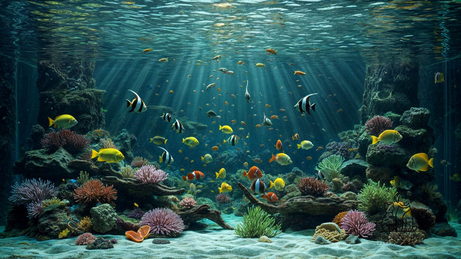 Acuario con peces tropicales de colores nadando entre corales y rocas, iluminados por rayos de luz natural que atraviesan el agua.