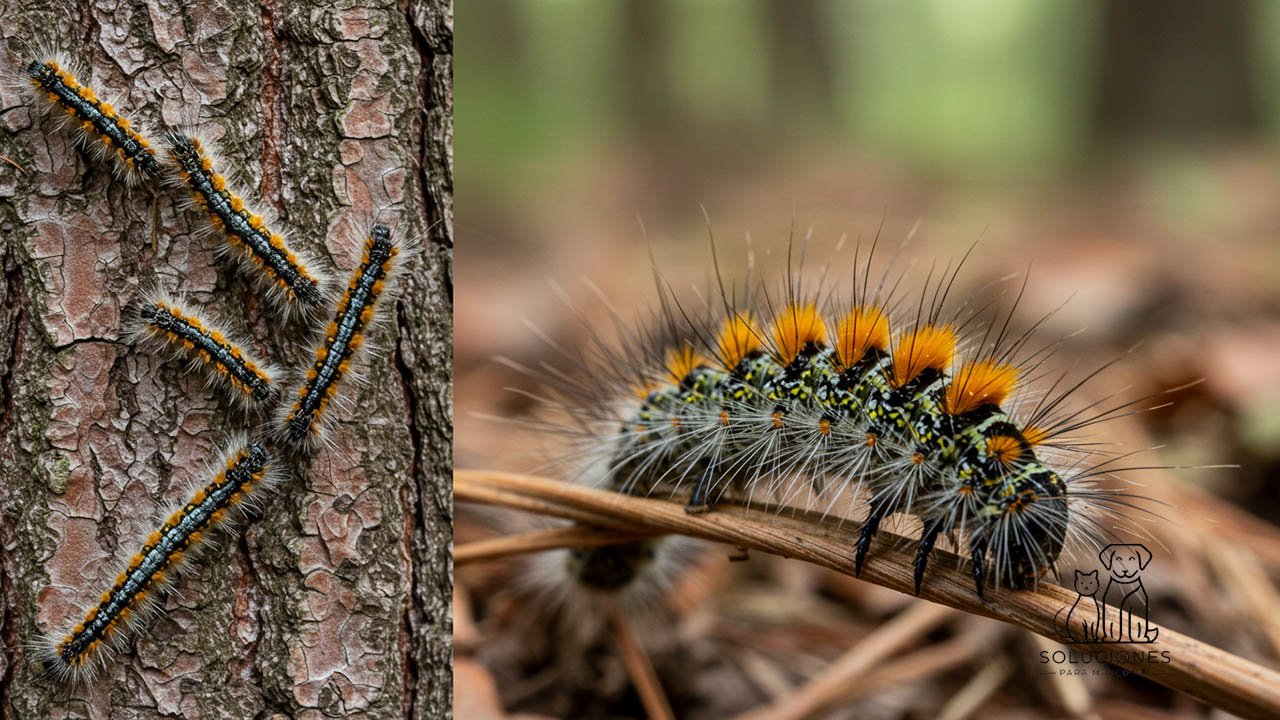 Oruga procesionaria en fila sobre el suelo