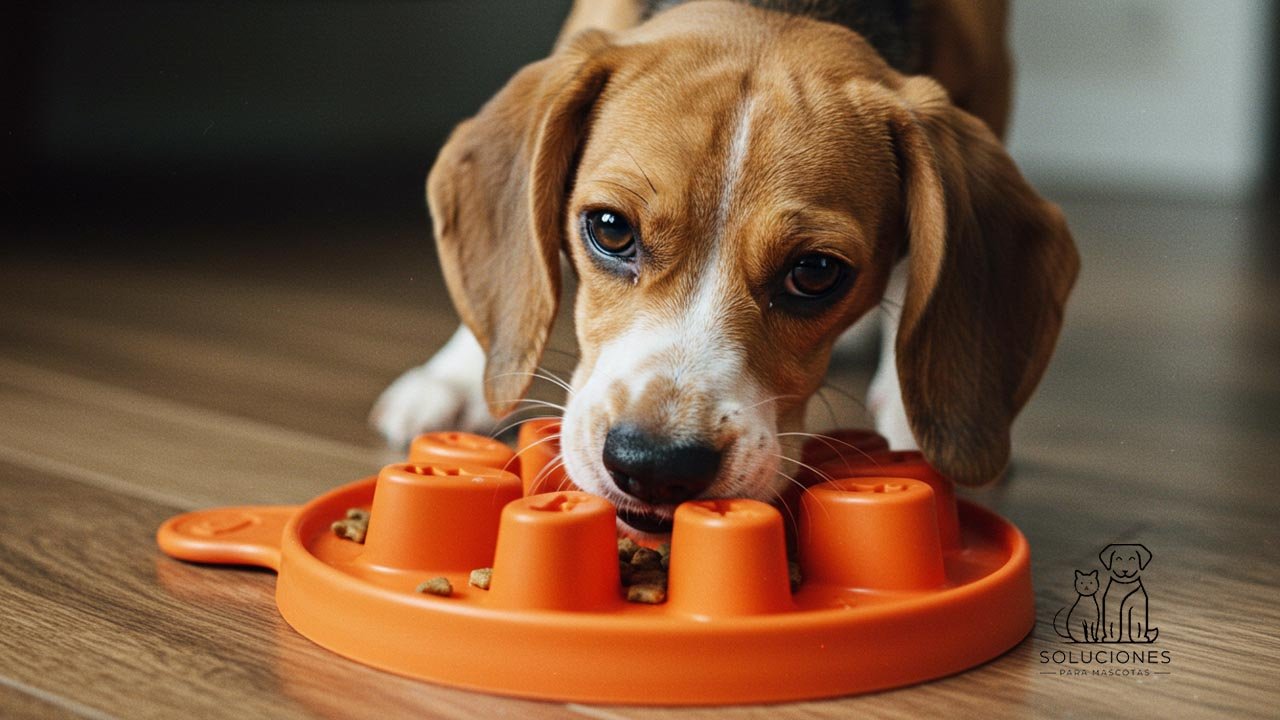 Un beagle, usando una esterilla para comer lento