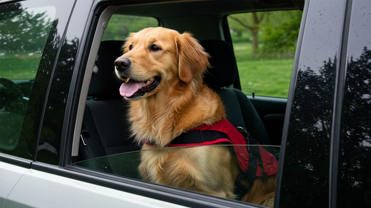 Perro con arnés feliz mirando por la ventanilla del coche Perro con arnés feliz mirando por la ventanilla del coche