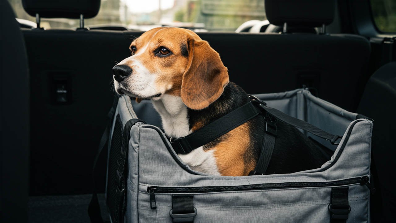 Perro de tamaño mediano viajando cómodamente en un transportín rígido y seguro en el maletero del coche.